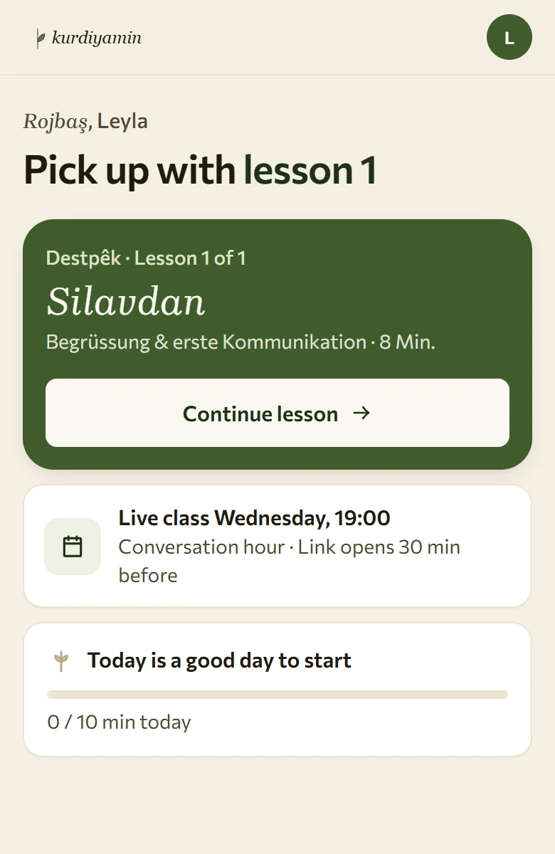 The app home screen with the next lesson and the next live class