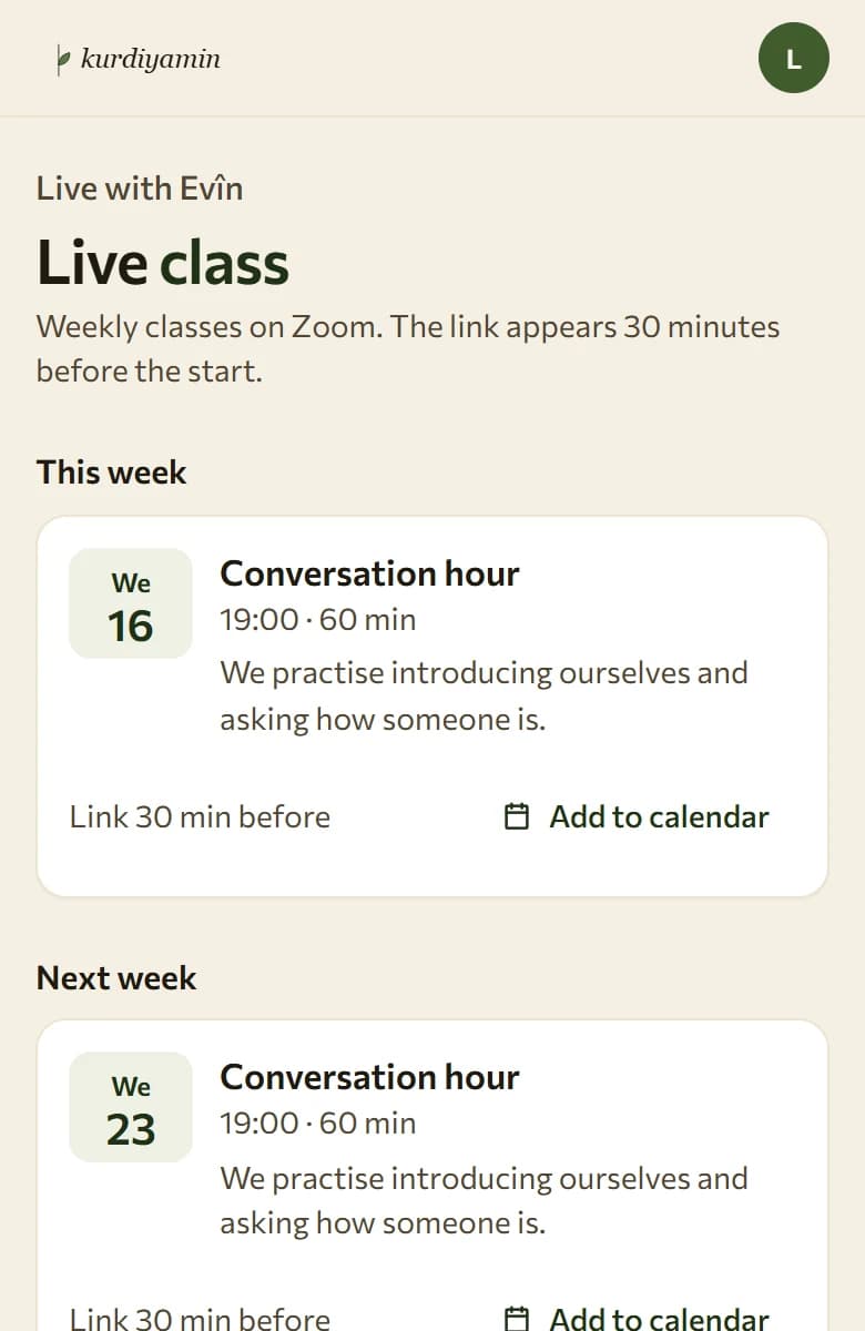 The live page with upcoming classes