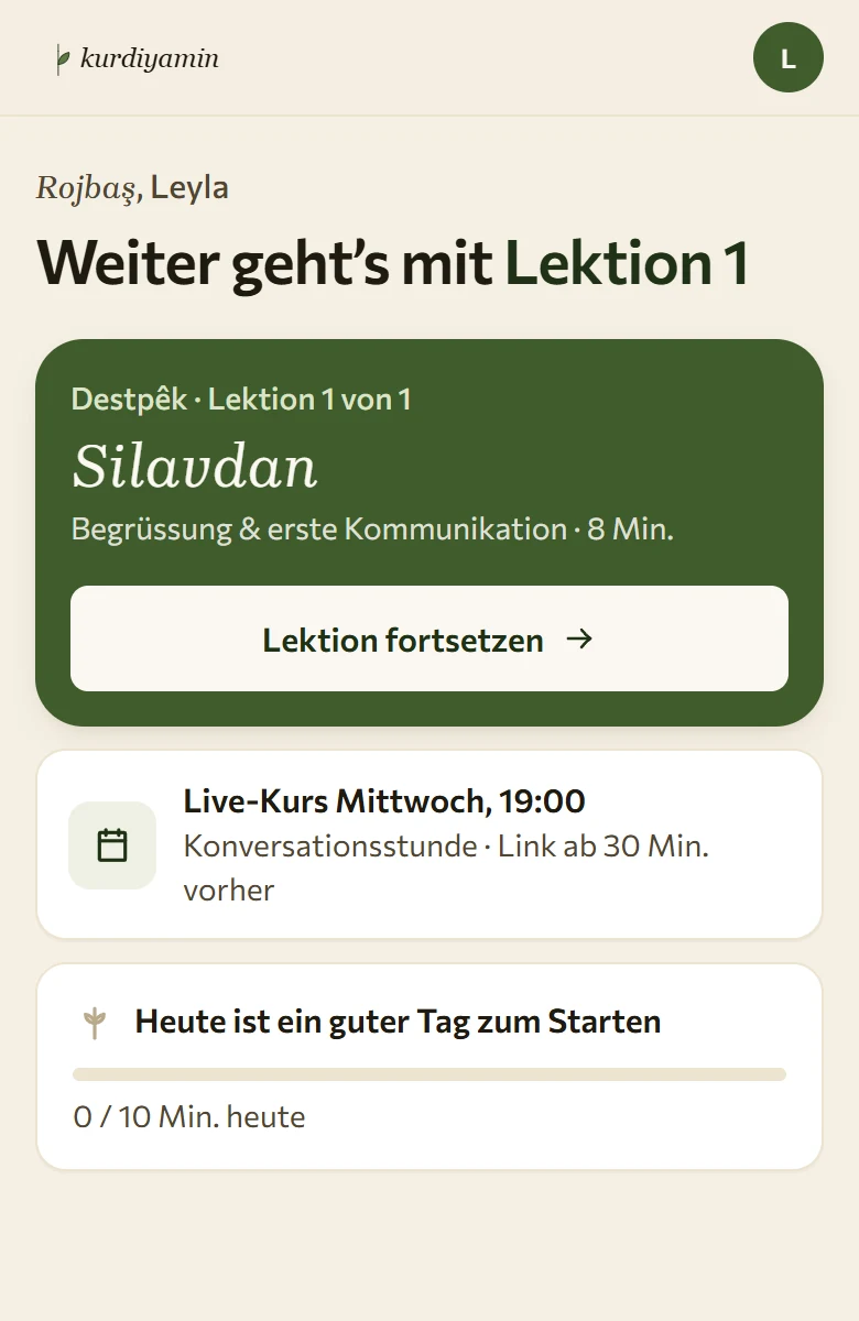 Die Startseite der App mit der nächsten Lektion und der nächsten Live-Stunde